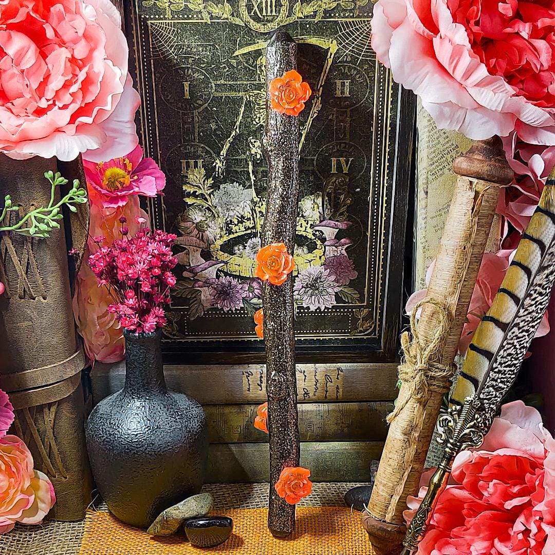 Beltane Ritual Wand – Blossom Wand for Pagans, Witches & Spring Magick | Resin Wand with Flowers, Wood Aesthetic and Gold Specks - The Dark Primordial