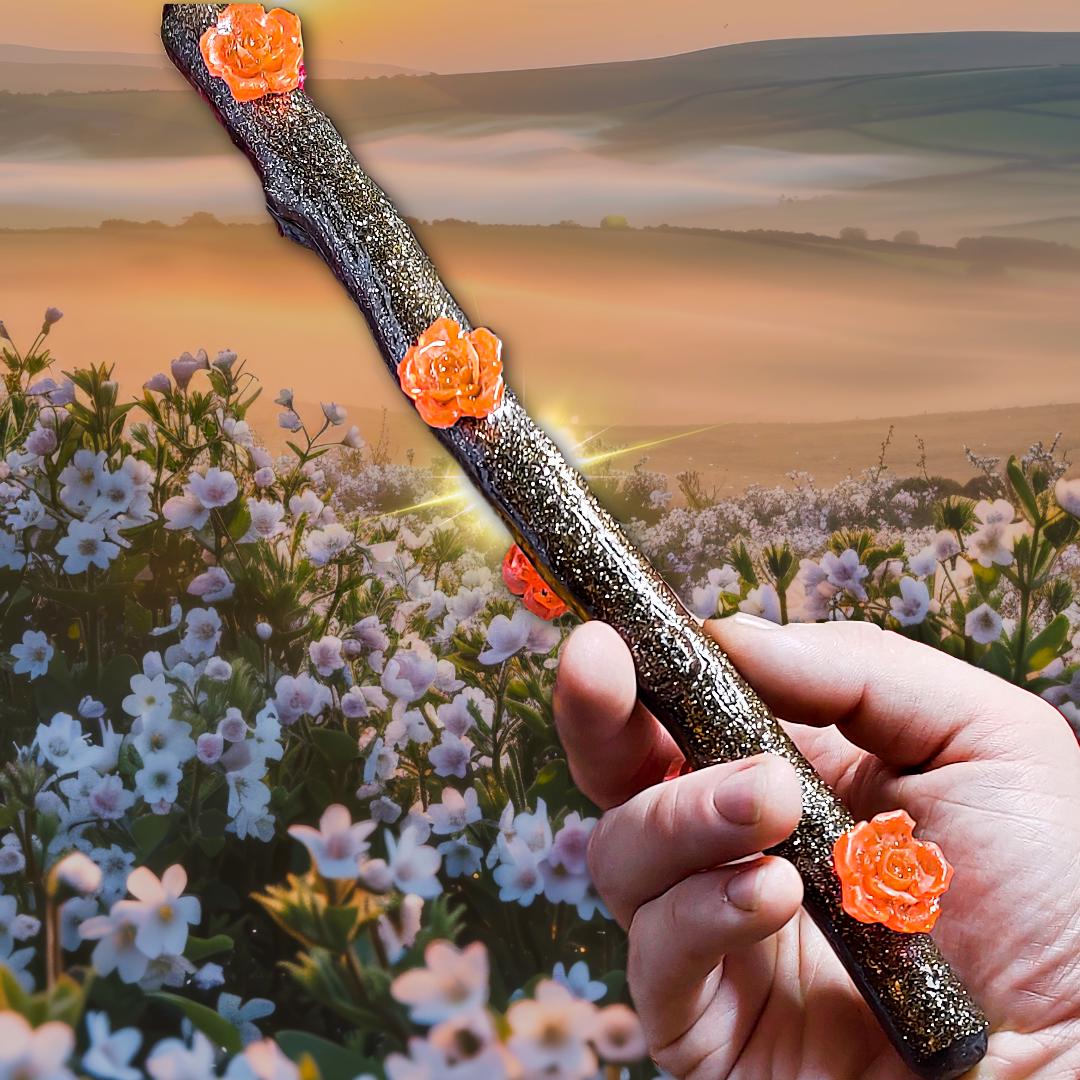 Beltane Ritual Wand – Blossom Wand for Pagans, Witches & Spring Magick | Resin Wand with Flowers, Wood Aesthetic and Gold Specks - The Dark Primordial