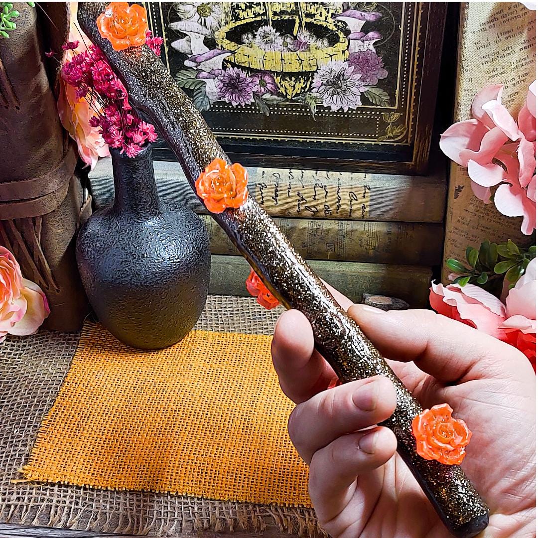 Beltane Ritual Wand – Blossom Wand for Pagans, Witches & Spring Magick | Resin Wand with Flowers, Wood Aesthetic and Gold Specks - The Dark Primordial