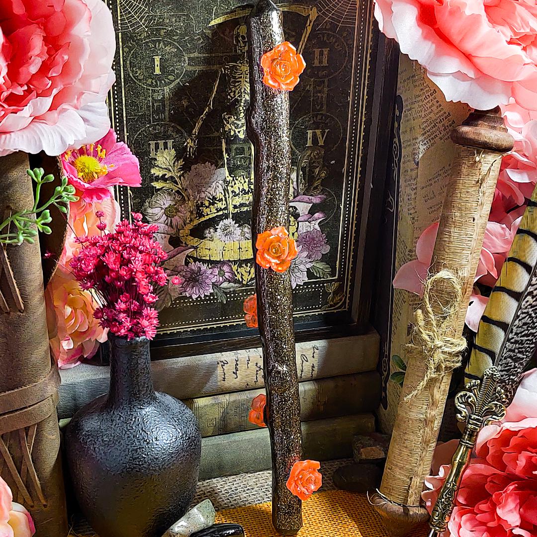Beltane Ritual Wand – Blossom Wand for Pagans, Witches & Spring Magick | Resin Wand with Flowers, Wood Aesthetic and Gold Specks - The Dark Primordial