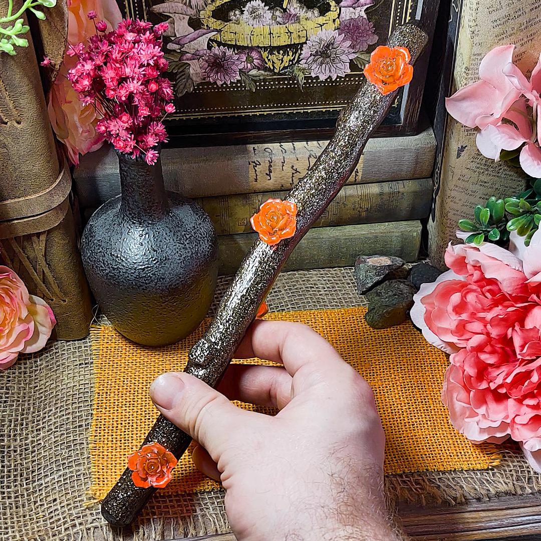 Beltane Ritual Wand – Blossom Wand for Pagans, Witches & Spring Magick | Resin Wand with Flowers, Wood Aesthetic and Gold Specks - The Dark Primordial