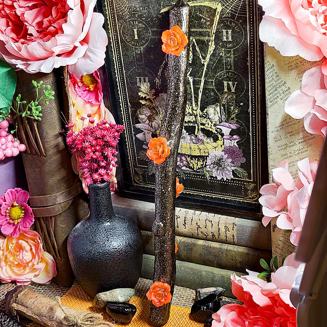 Beltane Ritual Wand – Blossom Wand for Pagans, Witches & Spring Magick | Resin Wand with Flowers, Wood Aesthetic and Gold Specks - The Dark Primordial