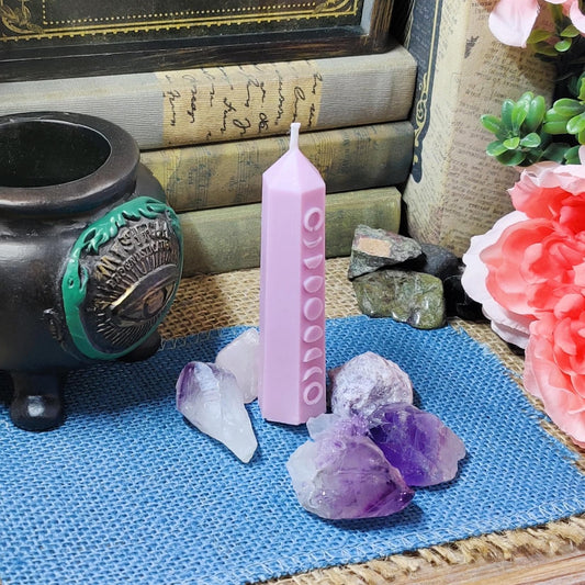 Lunar Phase Pillar Candle – Coconut Soy Wax Candle – Moon Phase Decor – Witchy Candle – Scented with Dragon’s Blood, Sea Spray, Lavender - The Dark Primordial