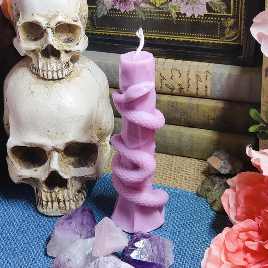 Serpent Pillar Candle – Snake Wrapped Stone Candle – Tall Coconut Soy Wax – Gothic Witch Decor – Scented Ritual Candle – Altar Candle Gift - The Dark Primordial