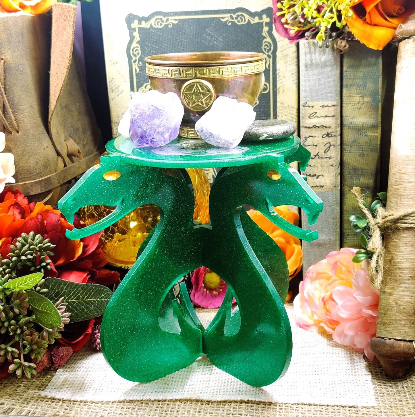 Two Headed Snake Portable Altar Stand, Elevated Ritual Offering Plate for Crystal Magic, Herbal Magic, Sacred Serpent & Pagan Accessories - The Dark Primordial