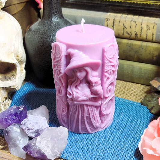 Witch & Owl Pillar Candle – Dual - Sided Witchy Decor – Thick Coconut Soy Candle – Scented Gothic Candle – Owl Altar Candle – Witchy Gift - The Dark Primordial