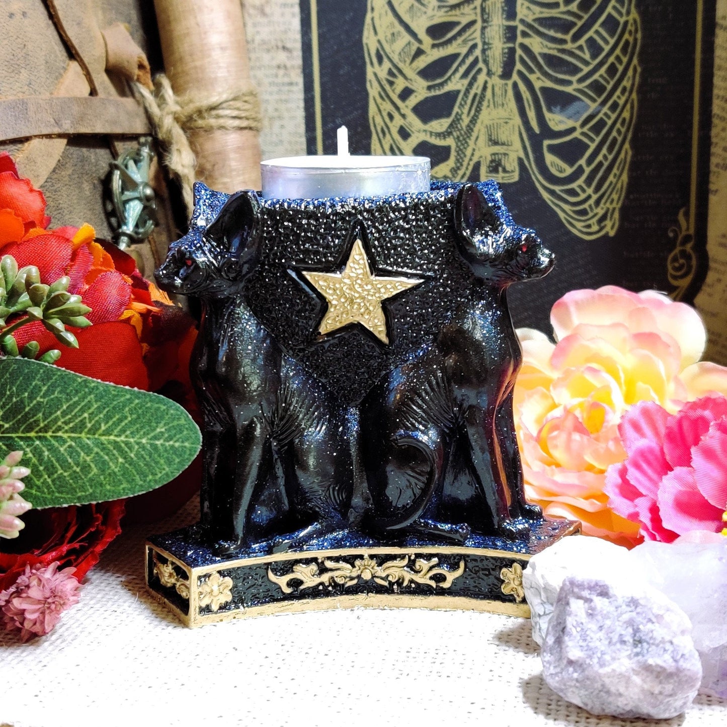 Egyptian Bastet Cat Candle Holder, Triple Goddess Bast Statue Tealight Holder for Practical Magic Decor & Patron Deity Altar, Egypt Gift - The Dark Primordial