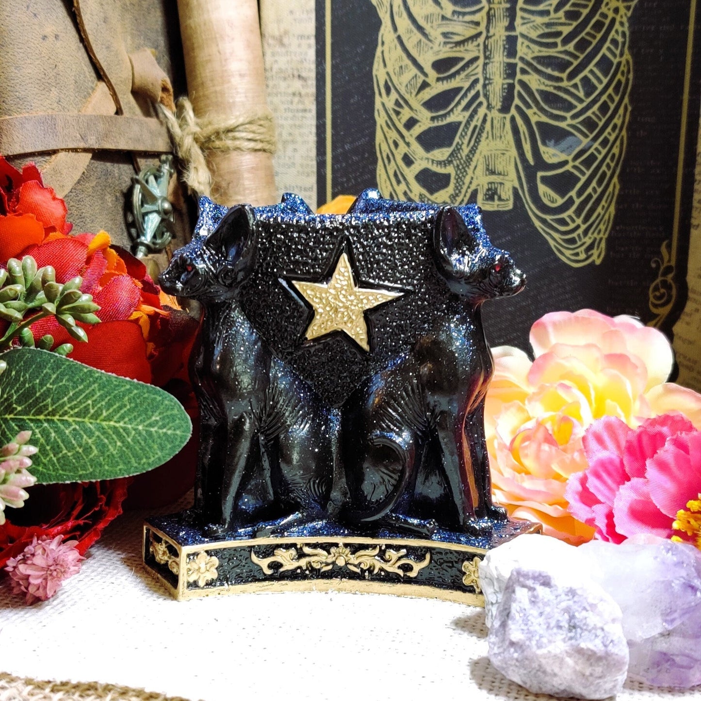 Egyptian Bastet Cat Candle Holder, Triple Goddess Bast Statue Tealight Holder for Practical Magic Decor & Patron Deity Altar, Egypt Gift - The Dark Primordial