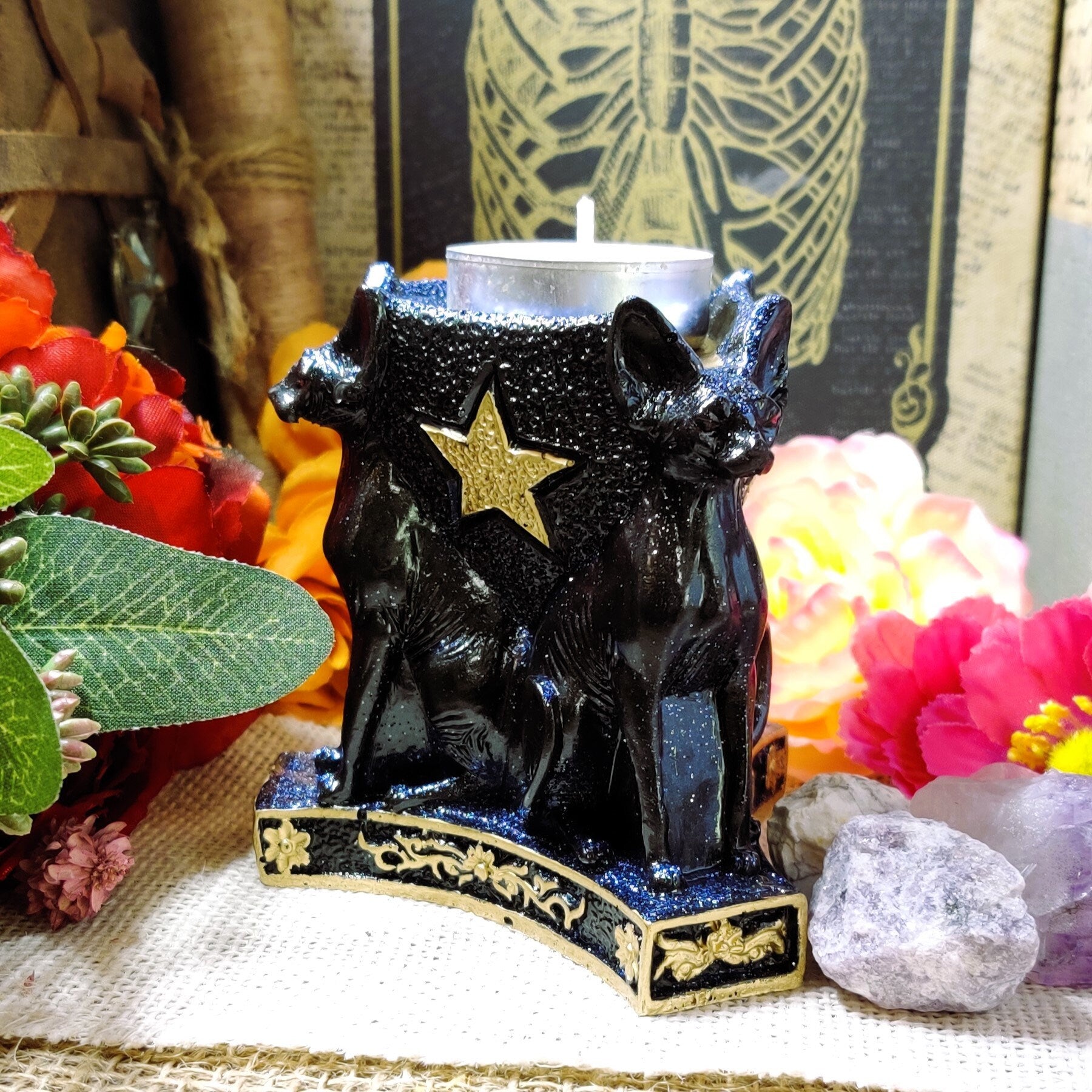 Egyptian Bastet Cat Candle Holder, Triple Goddess Bast Statue Tealight Holder for Practical Magic Decor & Patron Deity Altar, Egypt Gift - The Dark Primordial