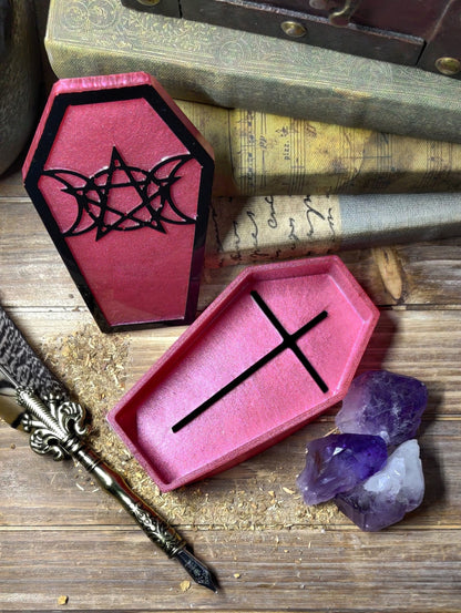 Triple Moon Coffin Jewelry Storage, Macabre Gothic Pentagram Keepsake Box, Epoxy Resin Trinket Tray for Alt Room Decor & Witchy Fashion