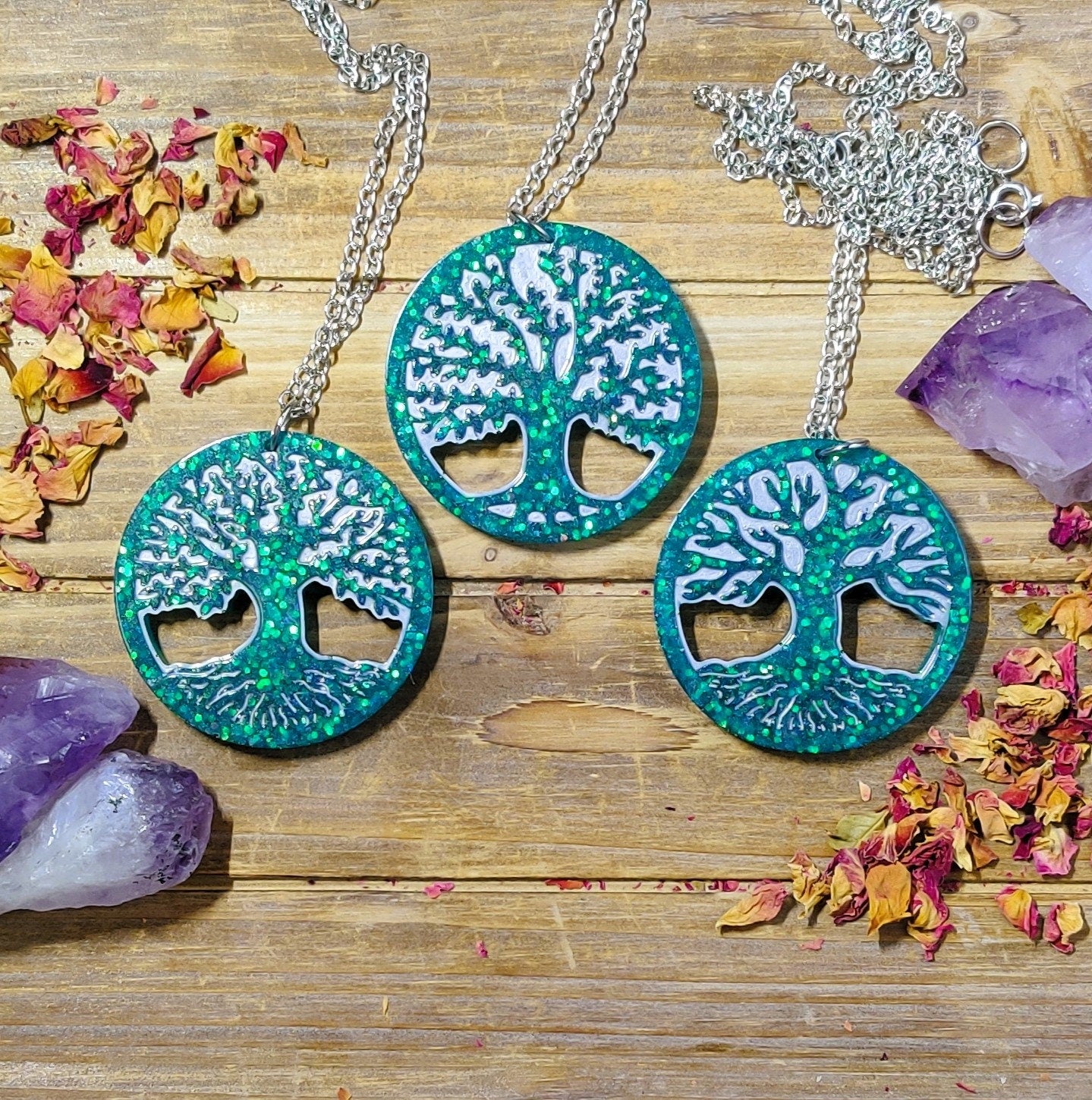 Celtic Tree of Life Necklace, Green Witch World Tree Druid Pendant, Boho Resin Pagan Protection Amulet, Alt Jewelry for Hedgewitch & Nature Lover