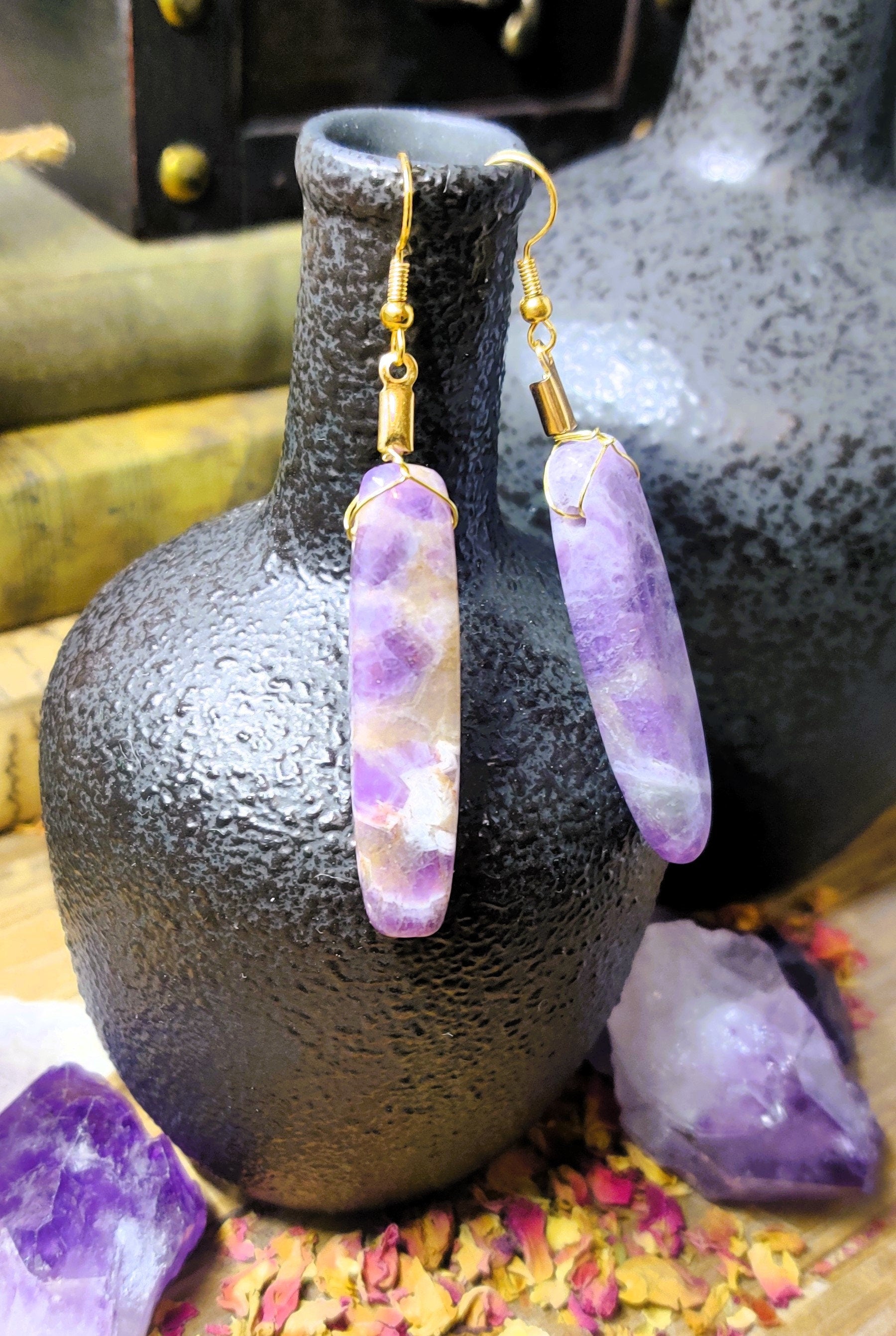 Natural Crystal Boho Dangle Earrings, Raw Gemstone Jewelry for Nature Lover Green Witch, Real Amethyst, Real Rose Quartz Wire Drop Earrings