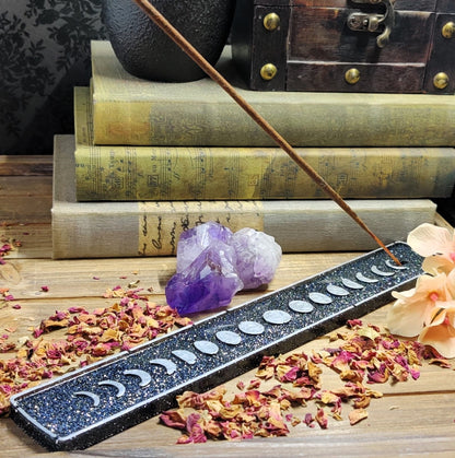 Moonphase Ritual Incense Holder, Epoxy Resin Stick Incense Burner, Sacred Space Lunar Cycle Altar Piece, Full Moon Spellcasting Pagan Tool