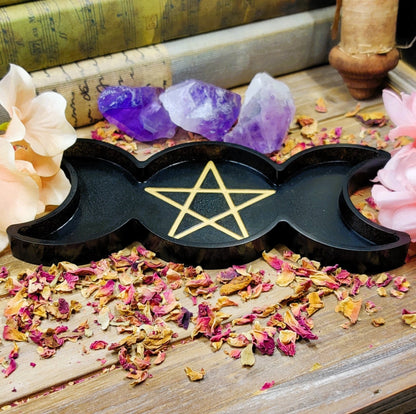 Triple Moon Goddess Trinket Dish, Moonphase Pentagram Jewelry Storage Tray, Epoxy Earring Organizer for Lunar Witch & Hecate Spell Work