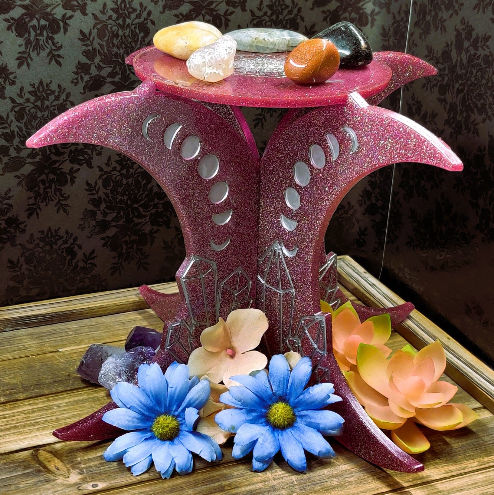 Moonphase Portable Altar Stand, Elevated Ritual Offering Plate for Crystal Magic, Herbal Magic, Patron Deity Statue & Witch Accessories