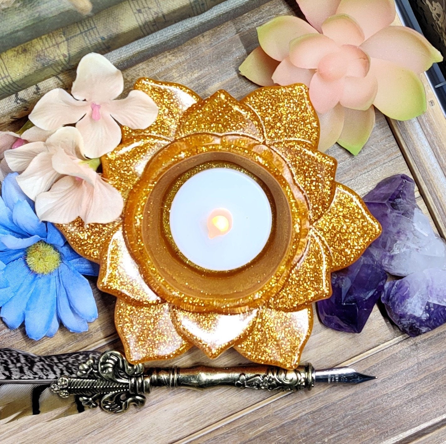 Lotus Blossom Candle Holder, Water Lily Flower Motif Tealight Holder, Practical Resin Metaphysical Decor, Mindfulness Gift for Sacred Space