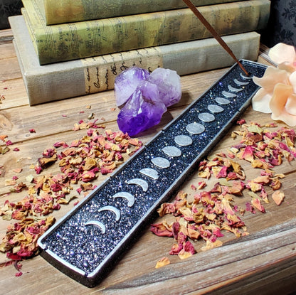 Moonphase Ritual Incense Holder, Epoxy Resin Stick Incense Burner, Sacred Space Lunar Cycle Altar Piece, Full Moon Spellcasting Pagan Tool