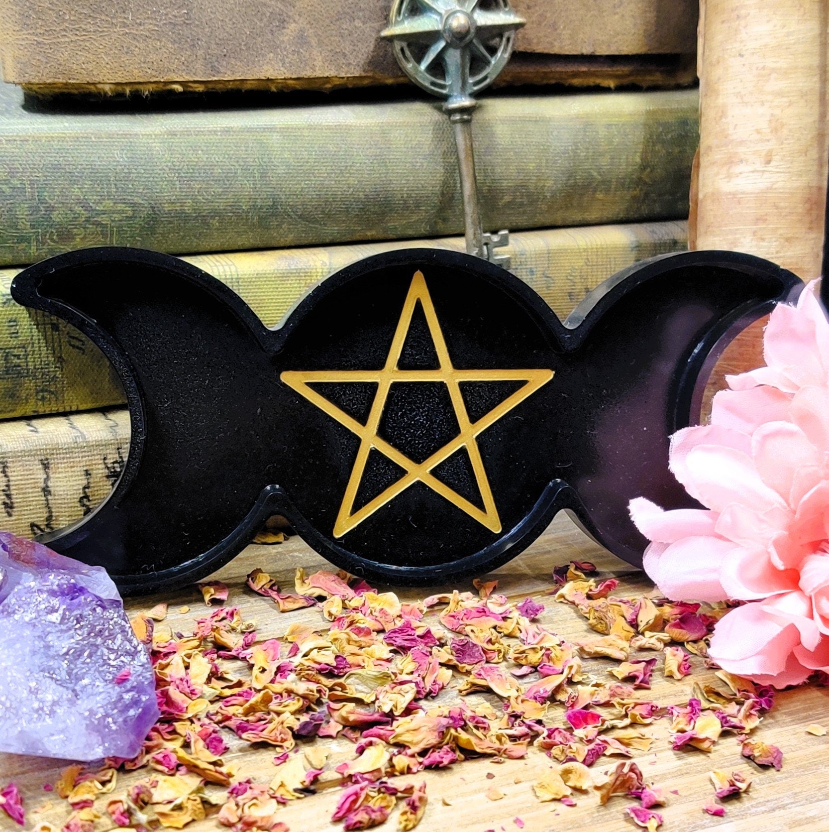 Triple Moon Goddess Trinket Dish, Moonphase Pentagram Jewelry Storage Tray, Epoxy Earring Organizer for Lunar Witch & Hecate Spell Work