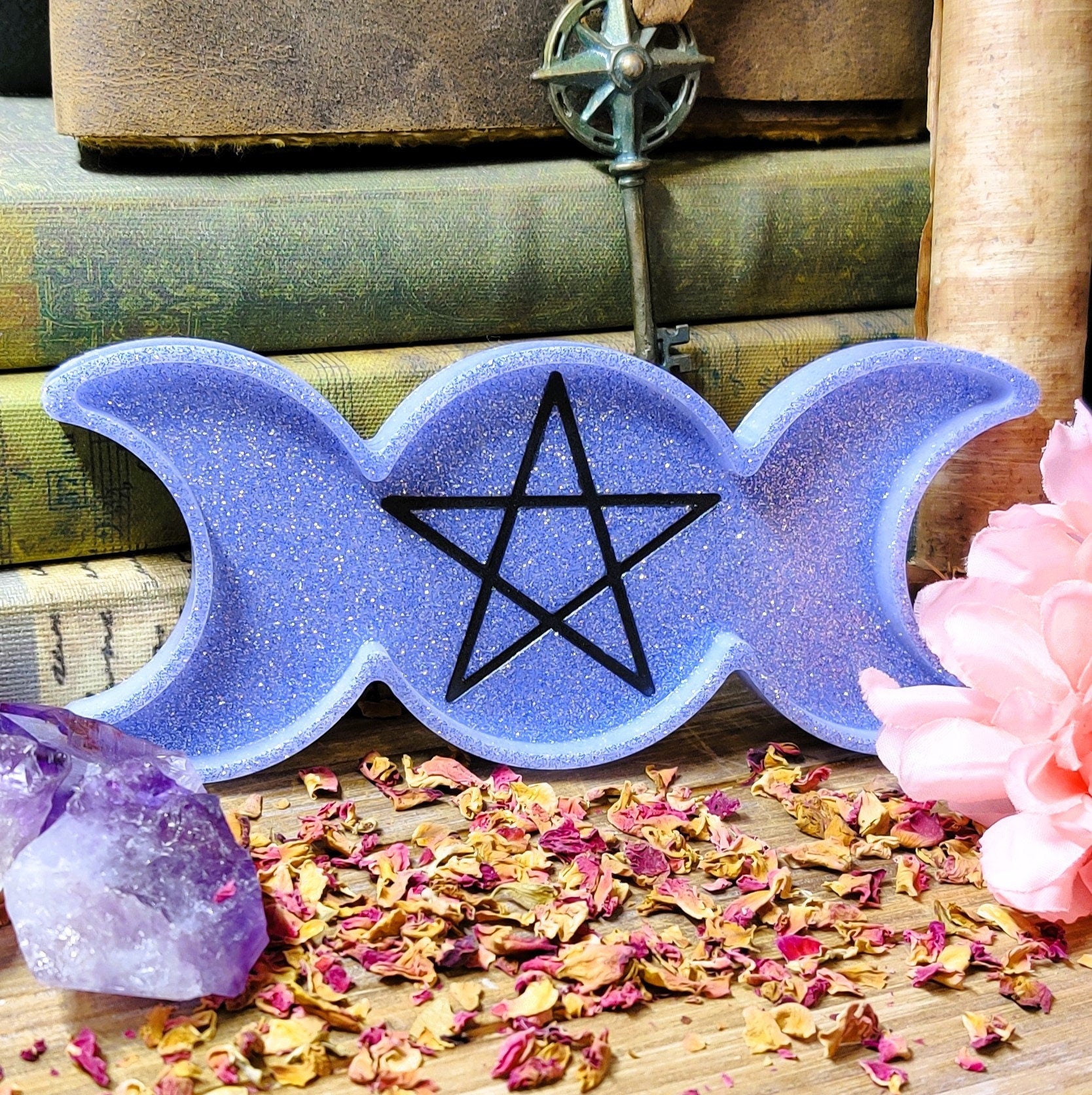 Triple Moon Goddess Trinket Dish, Moonphase Pentagram Jewelry Storage Tray, Epoxy Earring Organizer for Lunar Witch & Hecate Spell Work