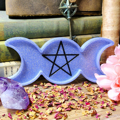 Triple Moon Goddess Trinket Dish, Moonphase Pentagram Jewelry Storage Tray, Epoxy Earring Organizer for Lunar Witch & Hecate Spell Work