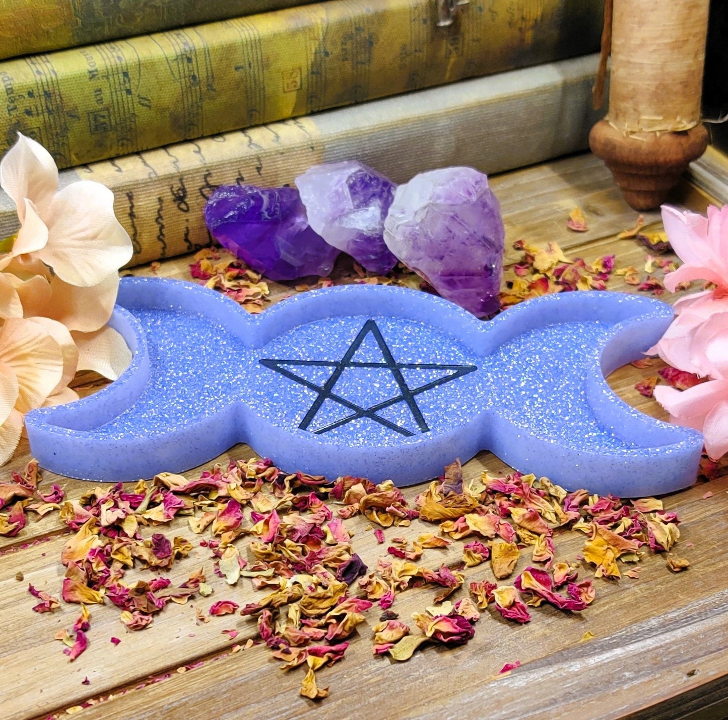 Triple Moon Goddess Trinket Dish, Moonphase Pentagram Jewelry Storage Tray, Epoxy Earring Organizer for Lunar Witch & Hecate Spell Work