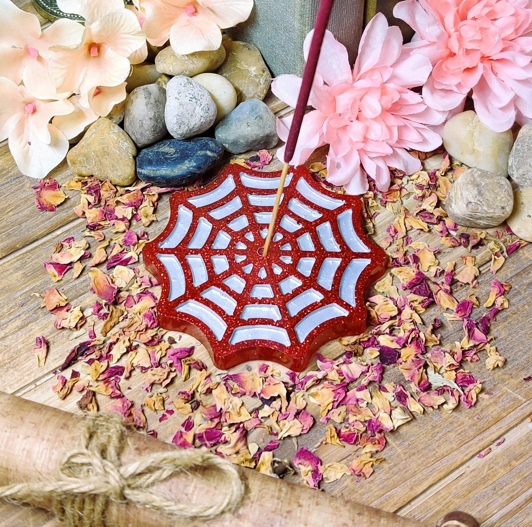 Spider Web Incense Holder, Alt & Gothic Boho Epoxy Resin Stick Incense Burner, Spooky Home Decor for Witch Altar or Horror Art Enthusiast