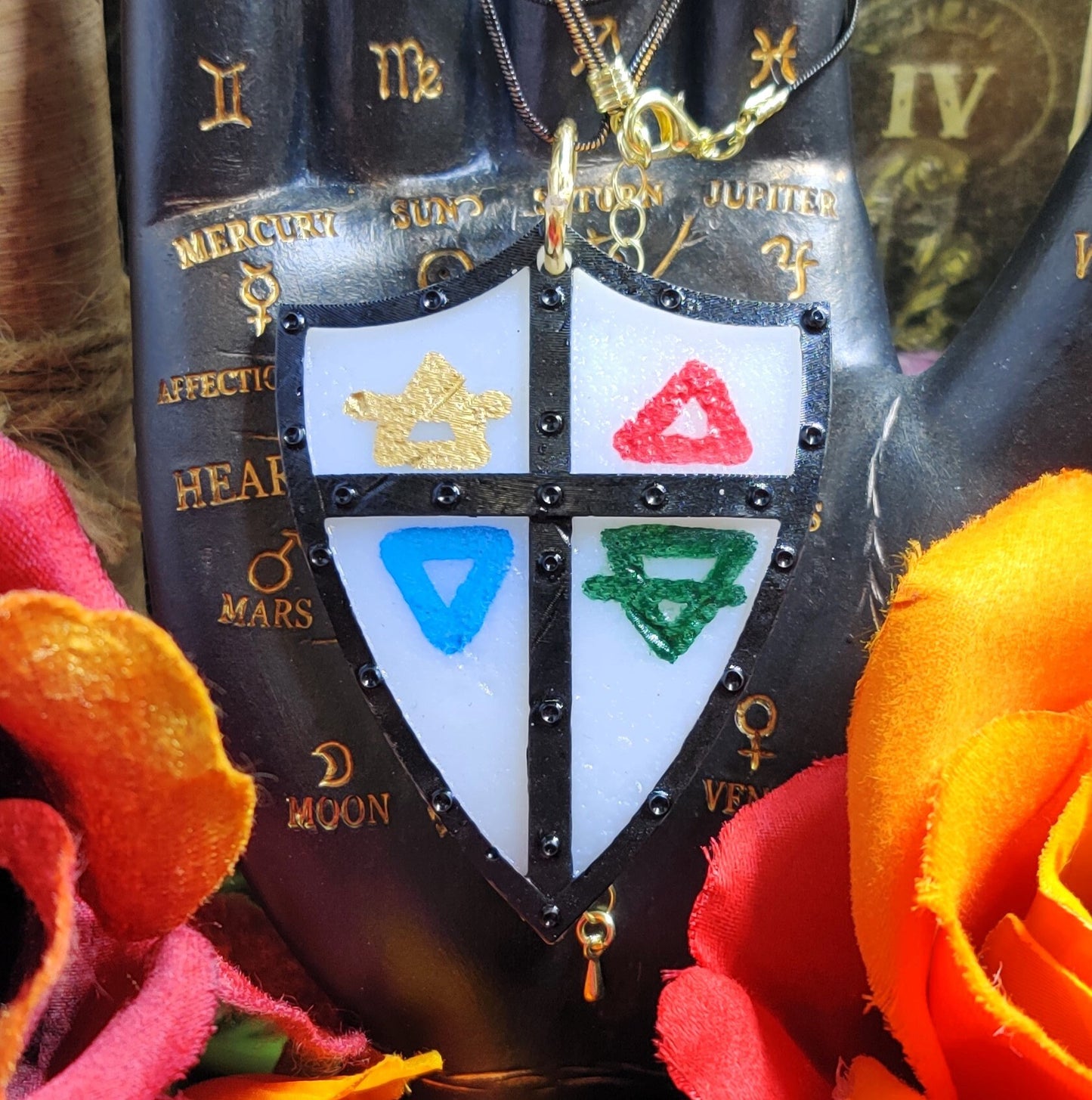 Alchemy Shield Pendant Necklace, Four Elements Necklace for Spiritual Protection & Spell Casting, Alchemical Symbols Resin Occult Jewelry