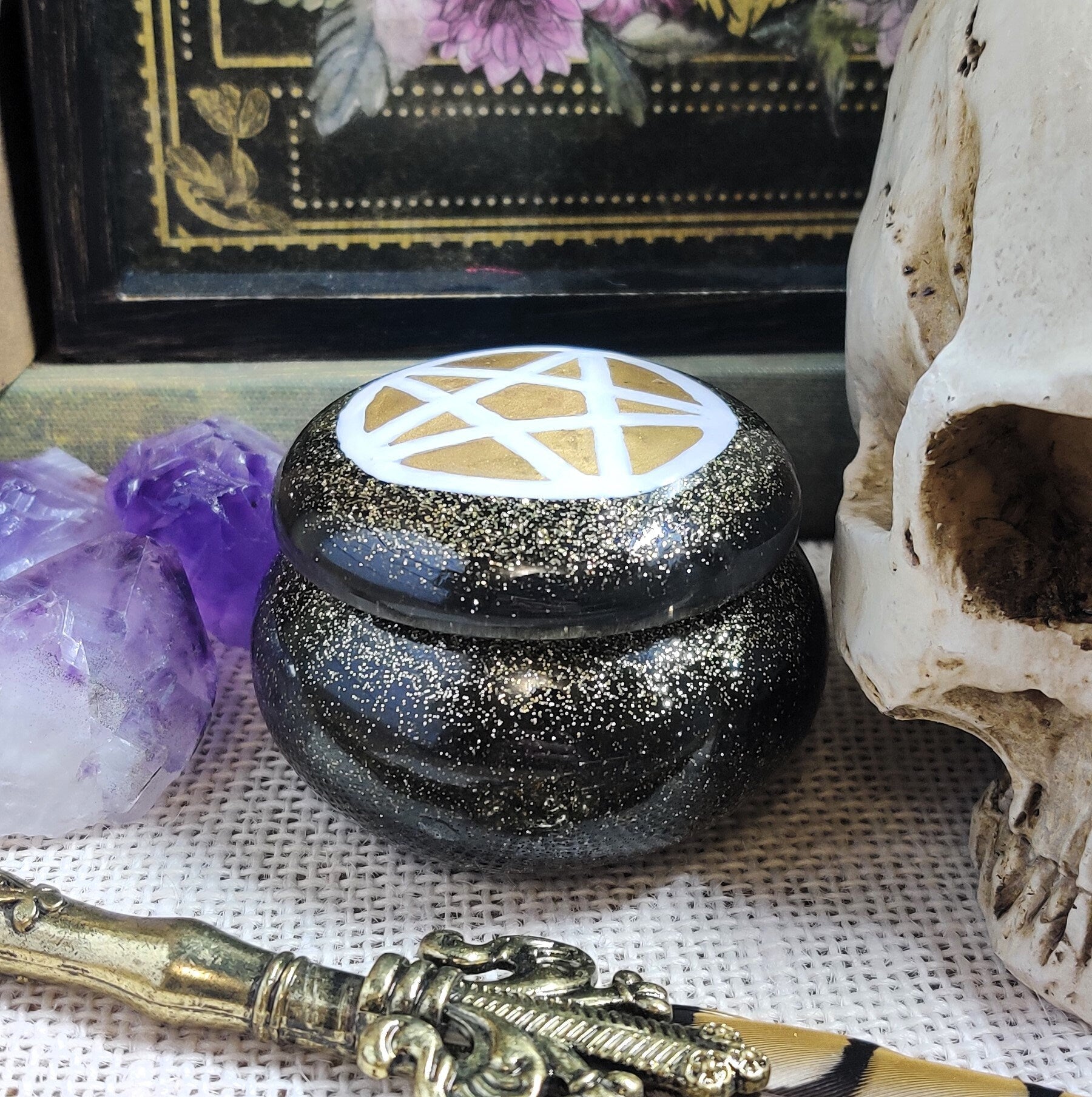 Boho Witch Pentacle Spelljar, Apothecary Jar for Banishing Ritual & Spiritual Protection, Practical Magic Decor, Sacred Space Altar Tool