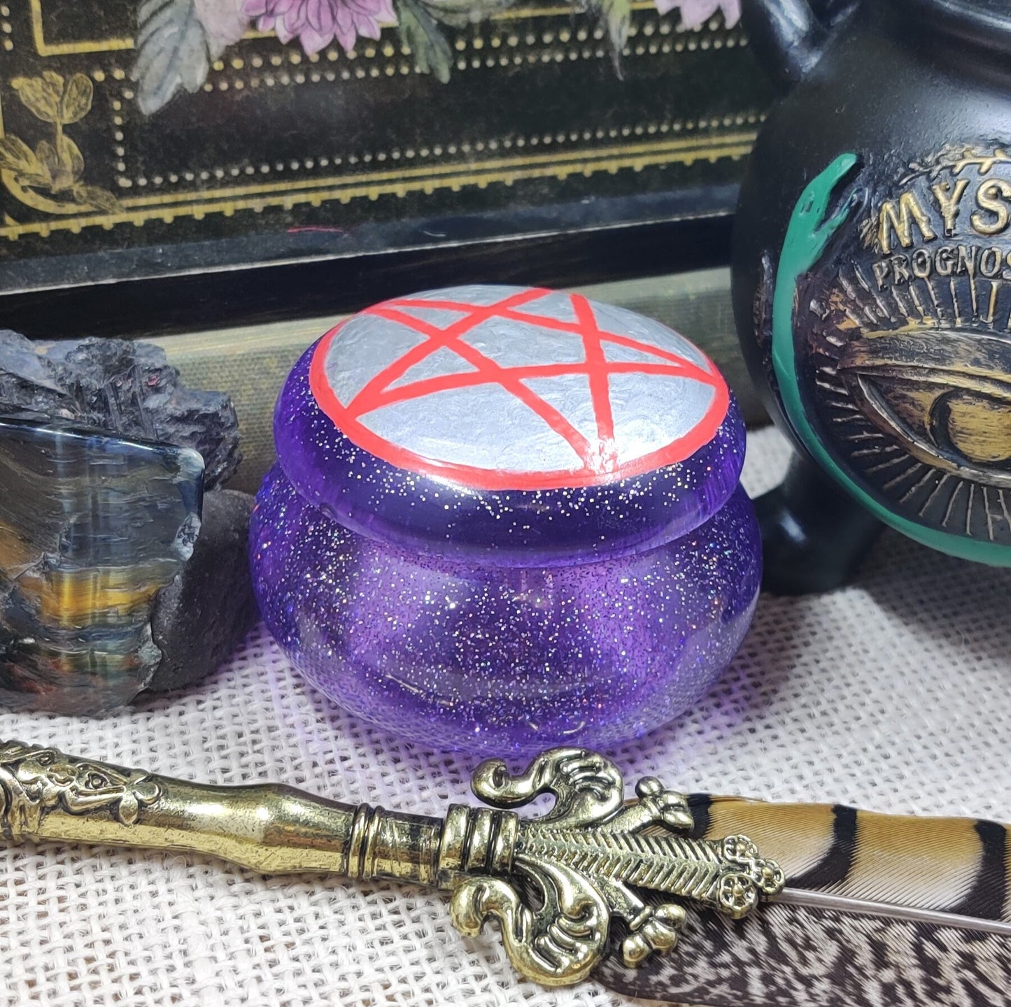 Boho Witch Pentacle Spelljar, Apothecary Jar for Banishing Ritual & Spiritual Protection, Practical Magic Decor, Sacred Space Altar Tool