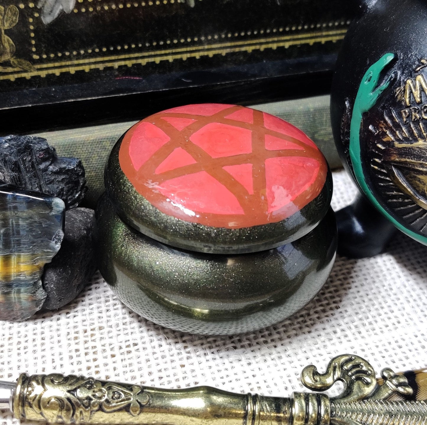 Boho Witch Pentacle Spelljar, Apothecary Jar for Banishing Ritual & Spiritual Protection, Practical Magic Decor, Sacred Space Altar Tool