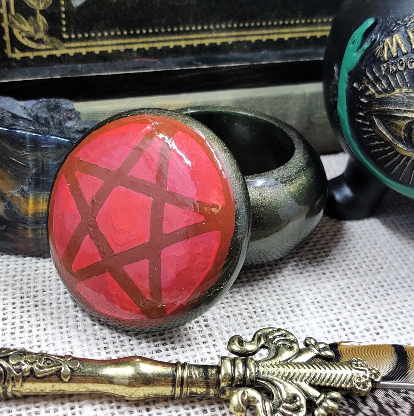 Boho Witch Pentacle Spelljar, Apothecary Jar for Banishing Ritual & Spiritual Protection, Practical Magic Decor, Sacred Space Altar Tool