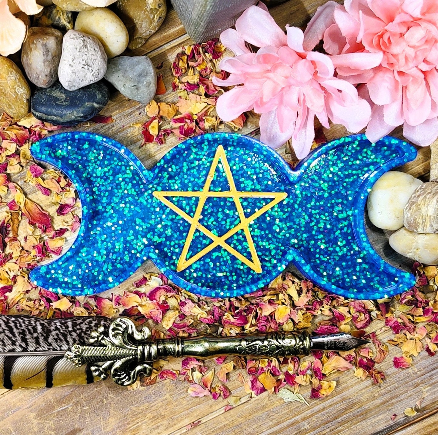 Triple Moon Goddess Trinket Dish, Moonphase Pentagram Jewelry Storage Tray, Epoxy Earring Organizer for Lunar Witch & Hecate Spell Work