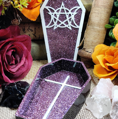 Triple Moon Coffin Jewelry Storage, Macabre Gothic Pentagram Keepsake Box, Epoxy Resin Trinket Tray for Alt Room Decor & Witchy Fashion