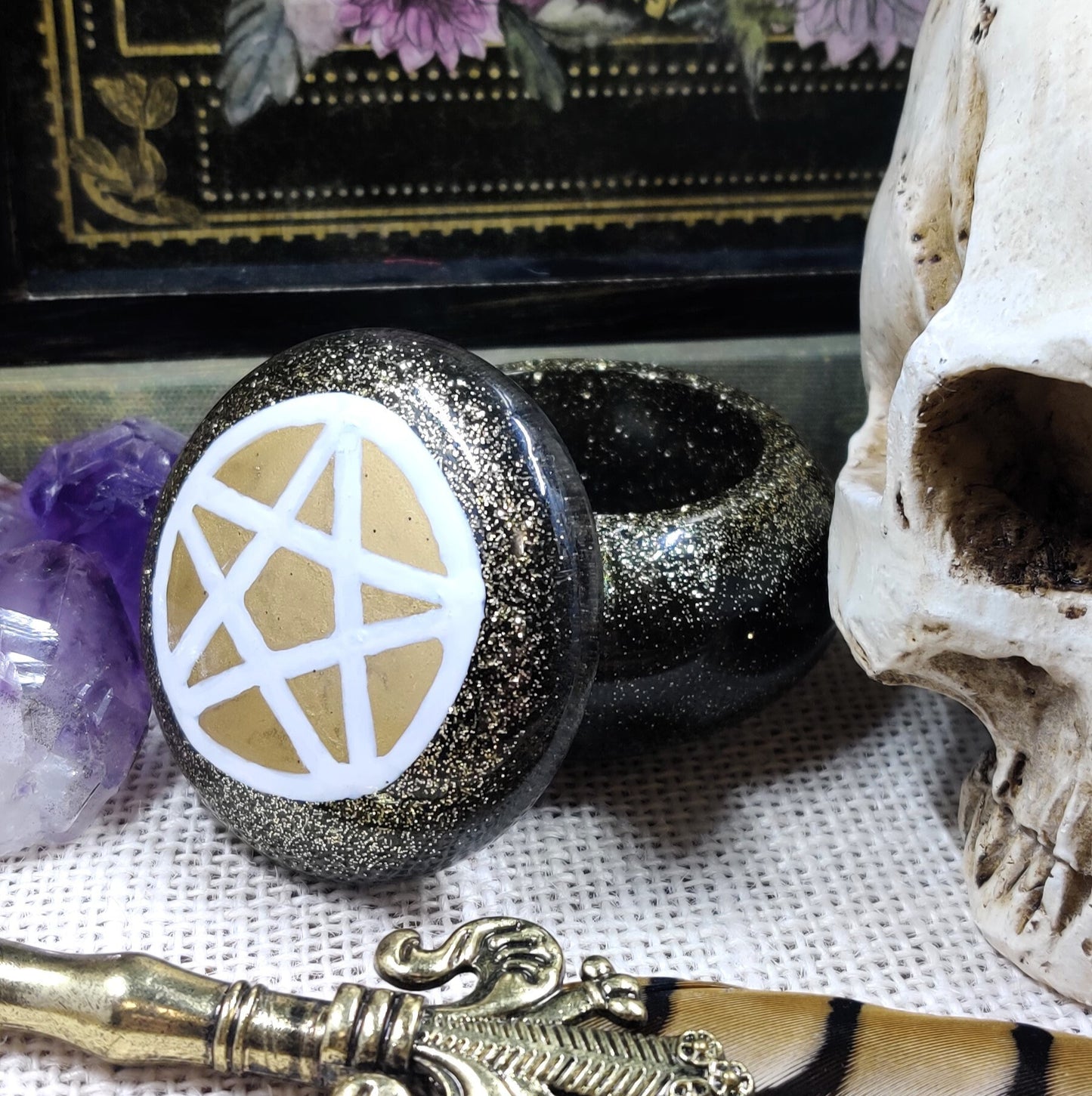 Boho Witch Pentacle Spelljar, Apothecary Jar for Banishing Ritual & Spiritual Protection, Practical Magic Decor, Sacred Space Altar Tool