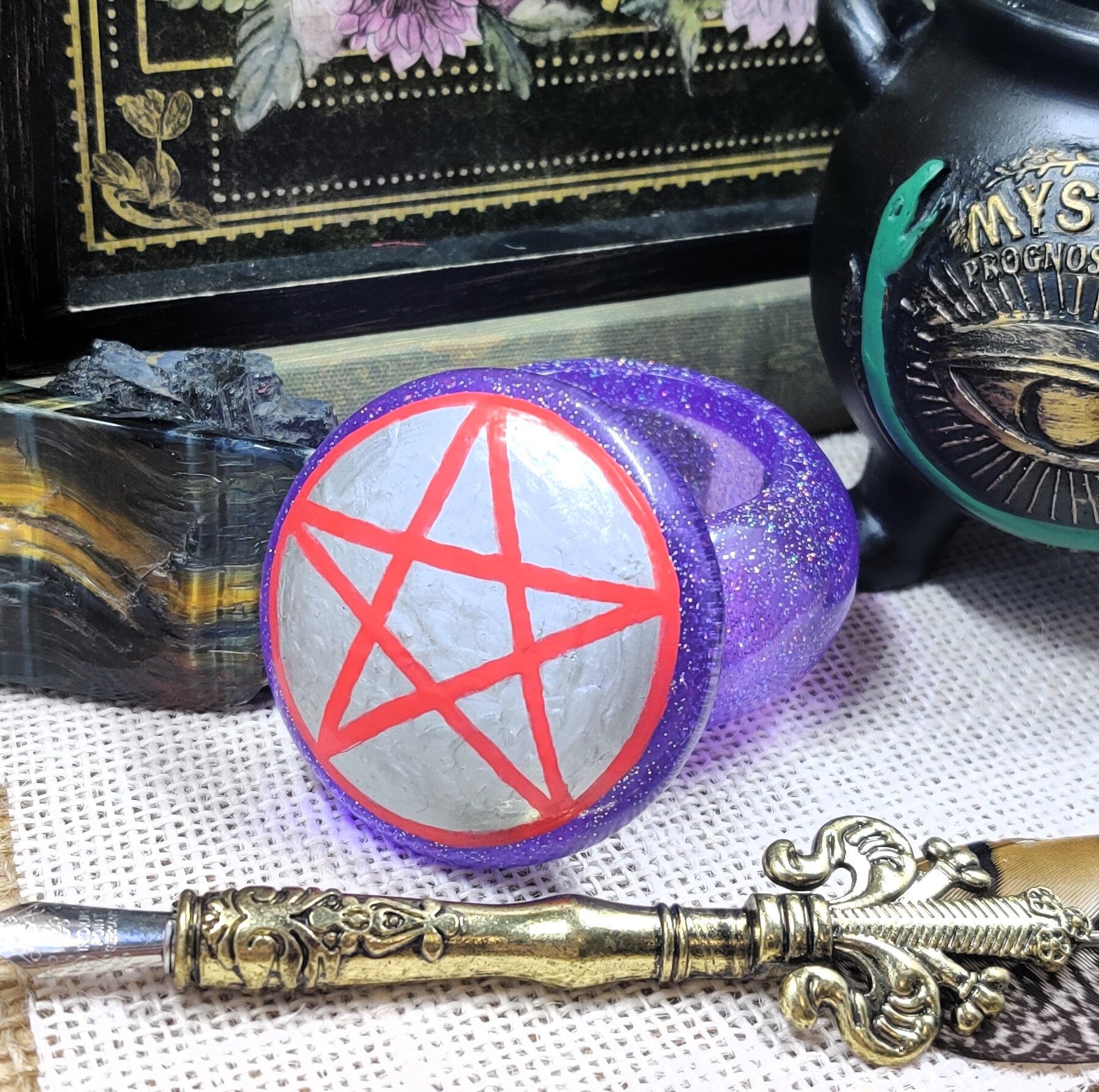 Boho Witch Pentacle Spelljar, Apothecary Jar for Banishing Ritual & Spiritual Protection, Practical Magic Decor, Sacred Space Altar Tool