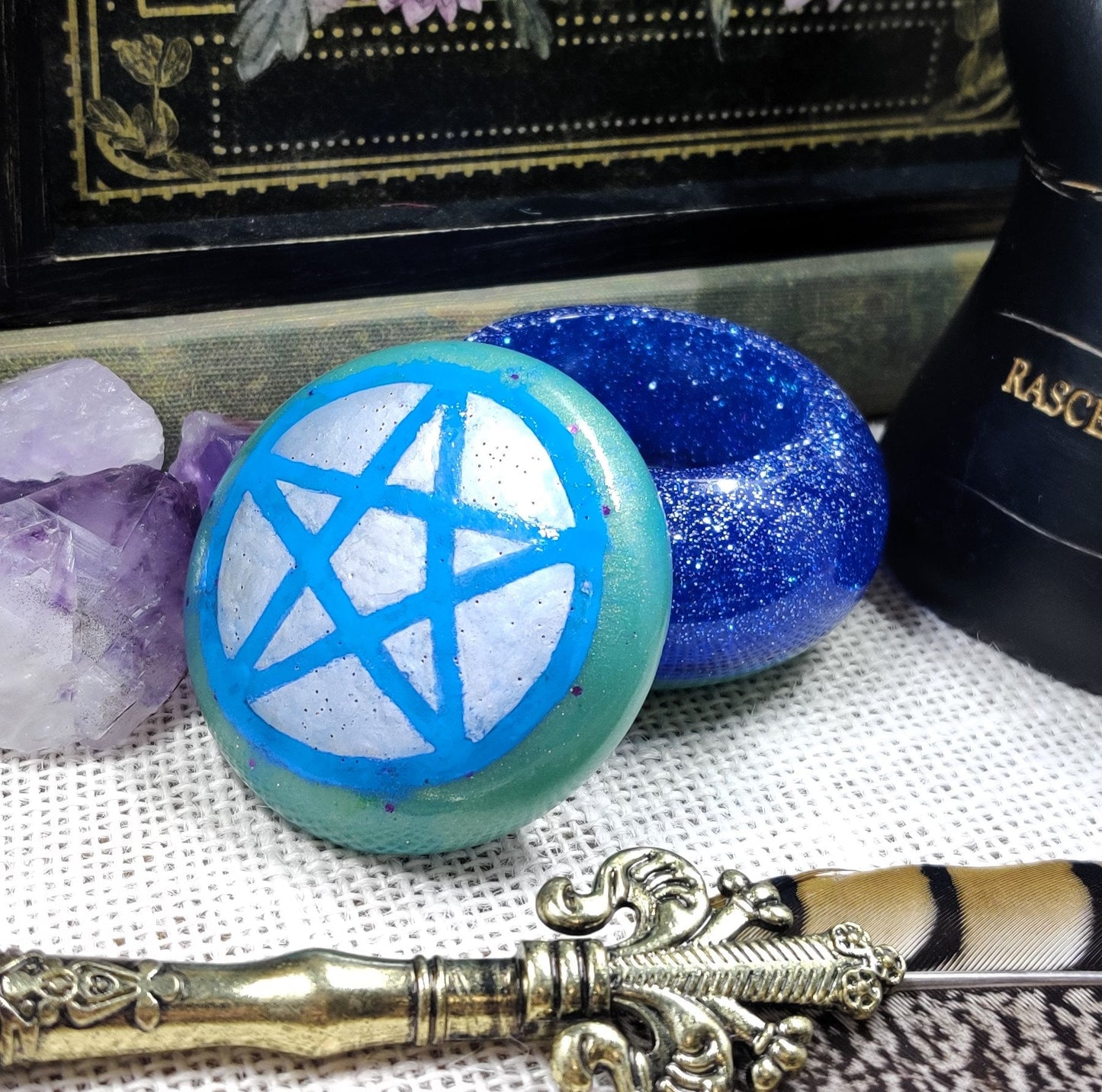 Boho Witch Pentacle Spelljar, Apothecary Jar for Banishing Ritual & Spiritual Protection, Practical Magic Decor, Sacred Space Altar Tool