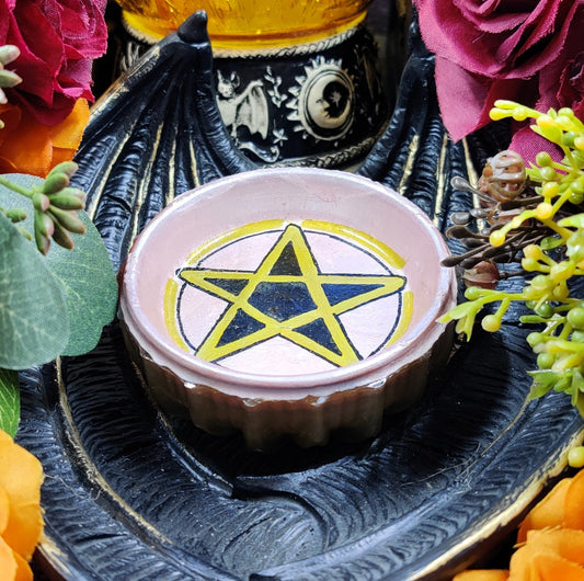 Pentacle Altar Candle Holder, Epoxy Resin Pagan Witch Pentagram Tealight Holder, Clay Planter Sunflower Design Ritual Tool, Wicca Gifts