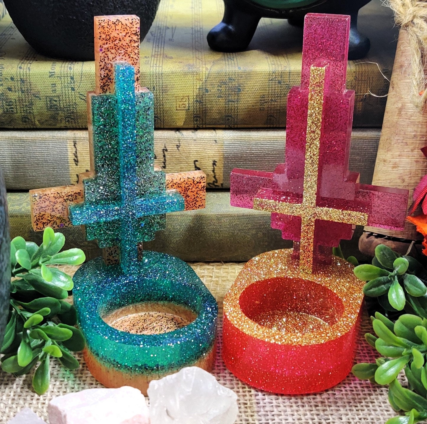 Inverted Cross Tealight Holder, Gothic Boho Epoxy Resin Tea Candle Holder, Satanic Ritual Supplies, Eclectic Witch Gifts, Alt Room Decor