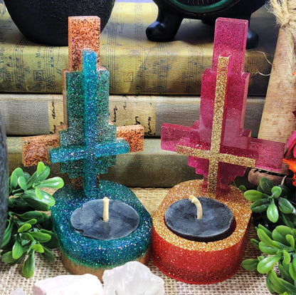 Inverted Cross Tealight Holder, Gothic Boho Epoxy Resin Tea Candle Holder, Satanic Ritual Supplies, Eclectic Witch Gifts, Alt Room Decor