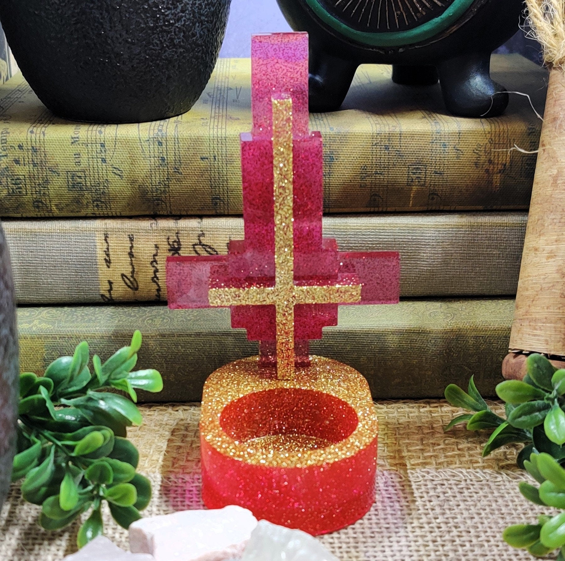 Inverted Cross Tealight Holder, Gothic Boho Epoxy Resin Tea Candle Holder, Satanic Ritual Supplies, Eclectic Witch Gifts, Alt Room Decor