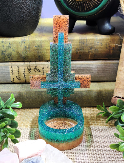 Inverted Cross Tealight Holder, Gothic Boho Epoxy Resin Tea Candle Holder, Satanic Ritual Supplies, Eclectic Witch Gifts, Alt Room Decor