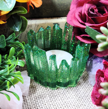 Crystal Shards Tealight Holder, Nature Inspired Geo Stone Candle Holder for Green Witch & Gem Lover, Epoxy Resin Sacred Space Ritual Tool