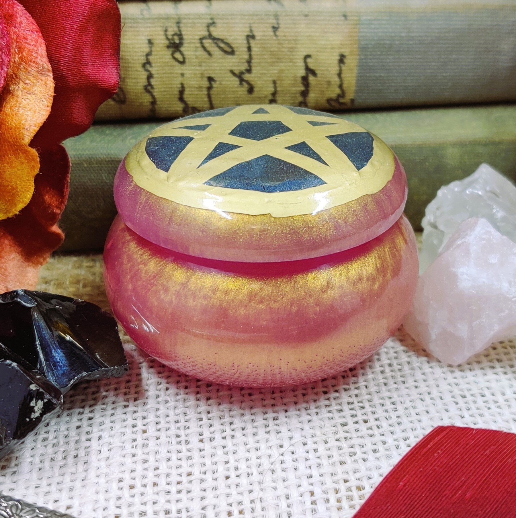 Boho Witch Pentacle Spelljar, Apothecary Jar for Banishing Ritual & Spiritual Protection, Practical Magic Decor, Sacred Space Altar Tool