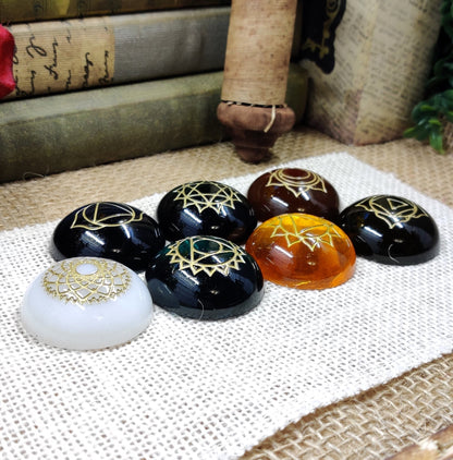 Epoxy Resin Chakra Set, Reiki Chakra Stones for Shadow Work, Energy Cleansing & Grounding, Seven Chakra Symbol Rounds Meditation Gift