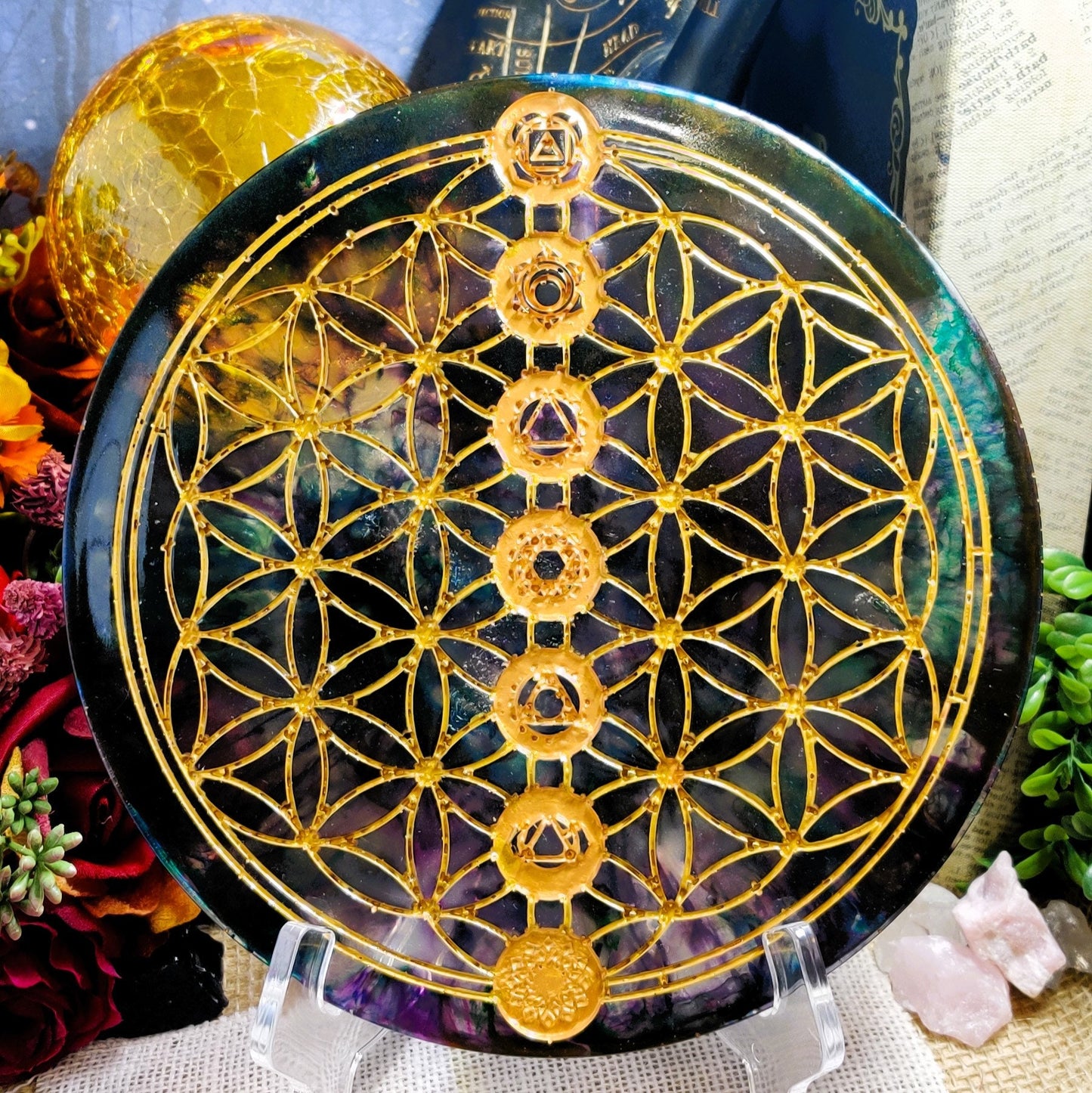 Resin Crystal Grid Board, Platonic Solid Sacred Geometry Chakra Healing Kit, Mandala Pattern Epoxy Art for Crystal Work and Spirit Guide