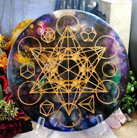 Resin Crystal Grid Board, Platonic Solid Sacred Geometry Chakra Healing Kit, Mandala Pattern Epoxy Art for Crystal Work and Spirit Guide