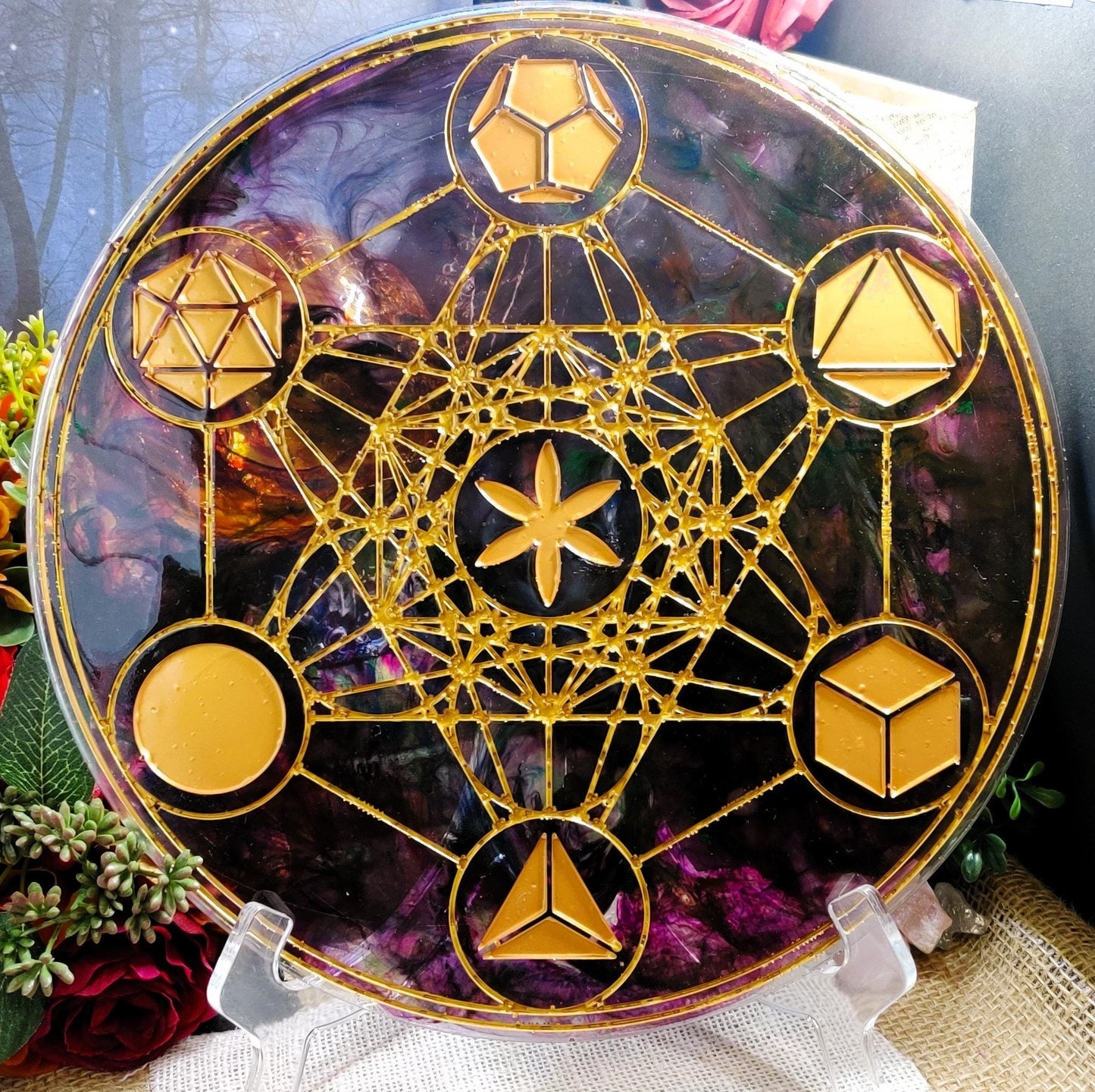 Resin Crystal Grid Board, Platonic Solid Sacred Geometry Chakra Healing Kit, Mandala Pattern Epoxy Art for Crystal Work and Spirit Guide