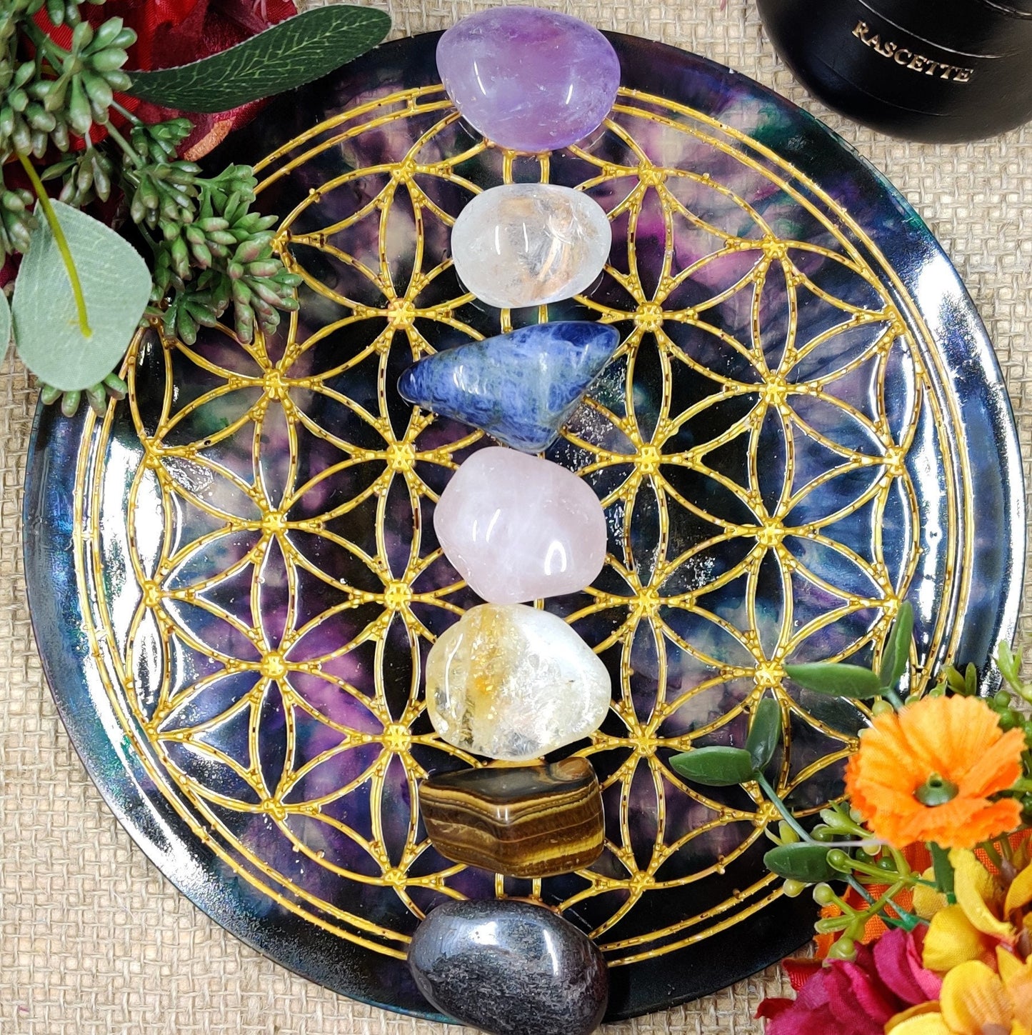 Resin Crystal Grid Board, Platonic Solid Sacred Geometry Chakra Healing Kit, Mandala Pattern Epoxy Art for Crystal Work and Spirit Guide