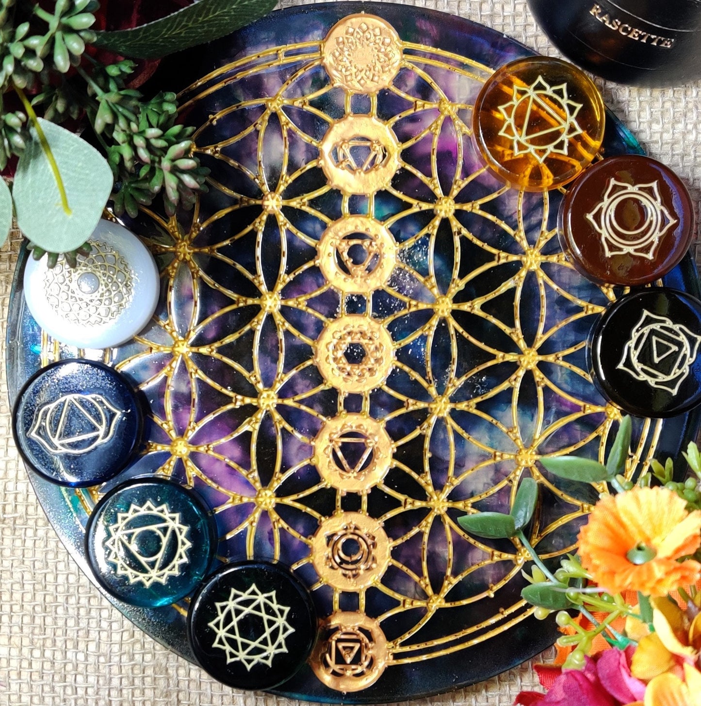 Resin Crystal Grid Board, Platonic Solid Sacred Geometry Chakra Healing Kit, Mandala Pattern Epoxy Art for Crystal Work and Spirit Guide