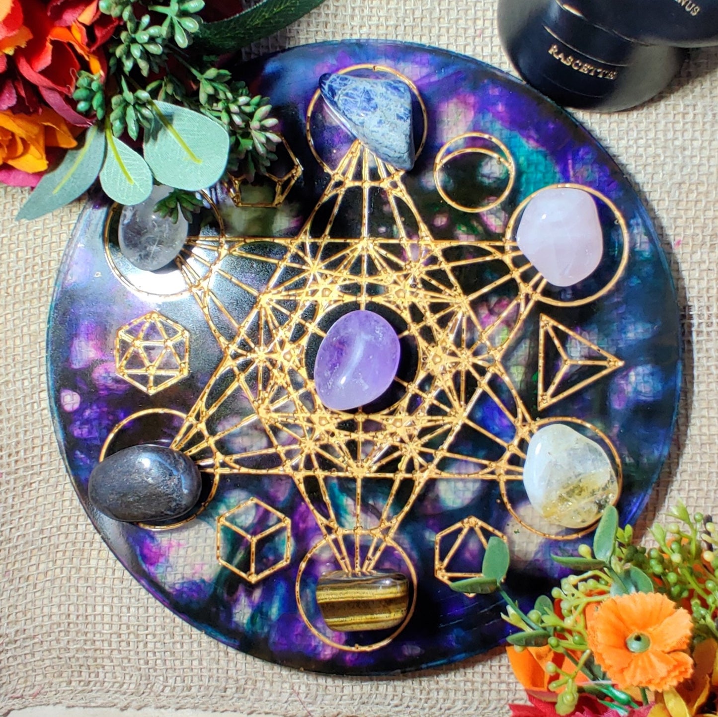 Resin Crystal Grid Board, Platonic Solid Sacred Geometry Chakra Healing Kit, Mandala Pattern Epoxy Art for Crystal Work and Spirit Guide